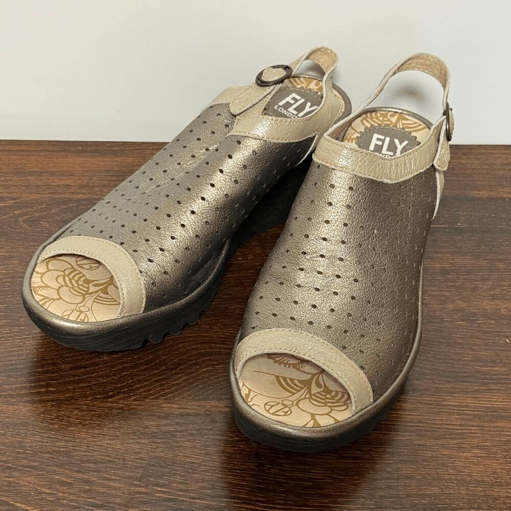 Fly London Yile perforated leather pep toe metallic slingback wedge shoe size 41